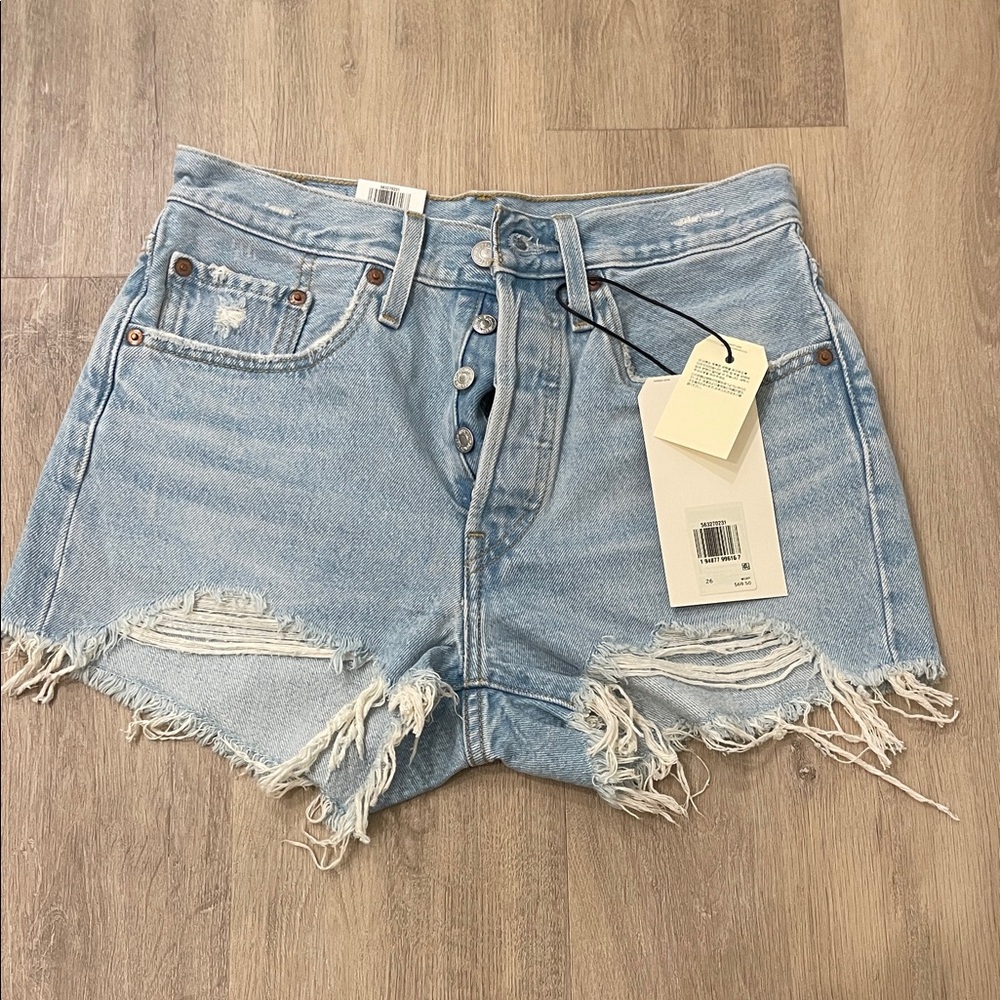 Distressed Light Blue Denim Shorts 501 Levi’s
